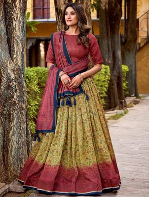 yellow digital printed silk lehenga set choli with dupatta 2