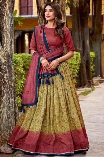 yellow digital printed silk lehenga set choli with dupatta