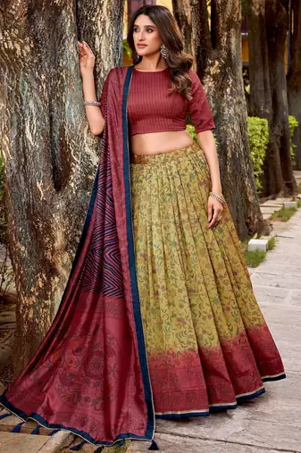 yellow digital printed silk lehenga set choli with dupatta