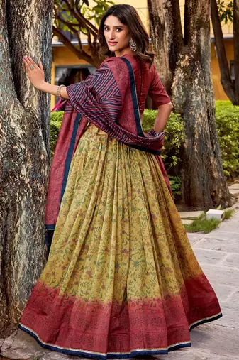 yellow digital printed silk lehenga set choli with dupatta