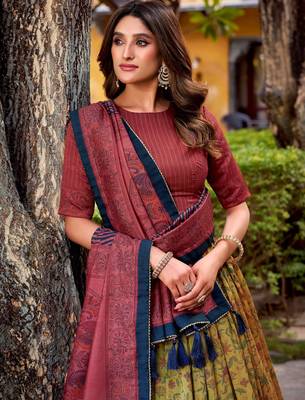 yellow digital printed silk lehenga set choli with dupatta 5