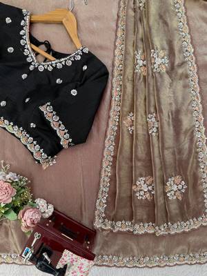brown art silk saree with beads embroidered unstitched 1
