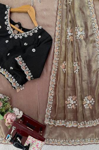 brown art silk saree with beads embroidered-unstitched