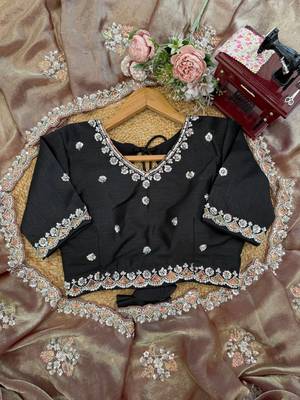 brown art silk saree with beads embroidered unstitched 2