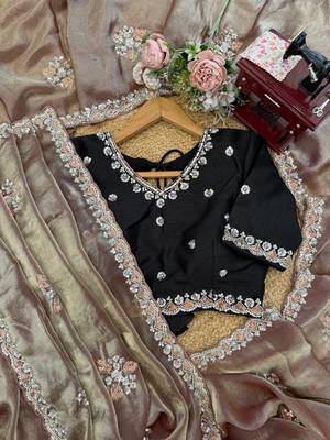 brown art silk saree with beads embroidered unstitched 3