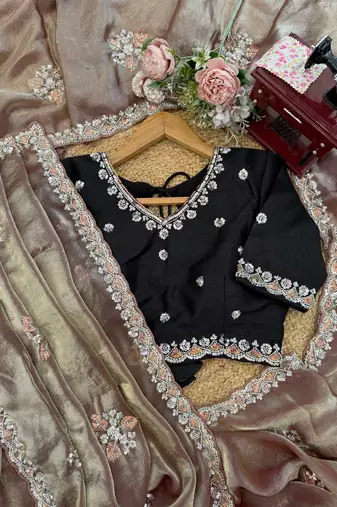 brown art silk saree with beads embroidered unstitched