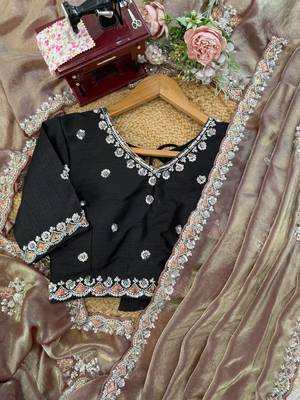 brown art silk saree with beads embroidered unstitched 4