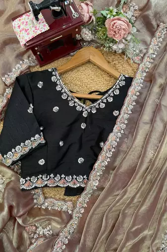brown art silk saree with beads embroidered unstitched