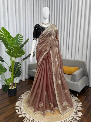brown art silk saree with beads embroidered unstitched 5