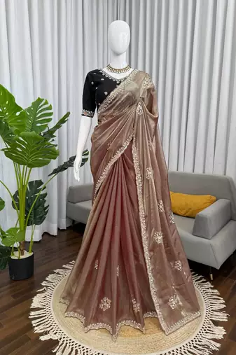 brown art silk saree with beads embroidered unstitched