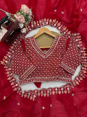 red velvet organza saree with embroidered unstitched 1