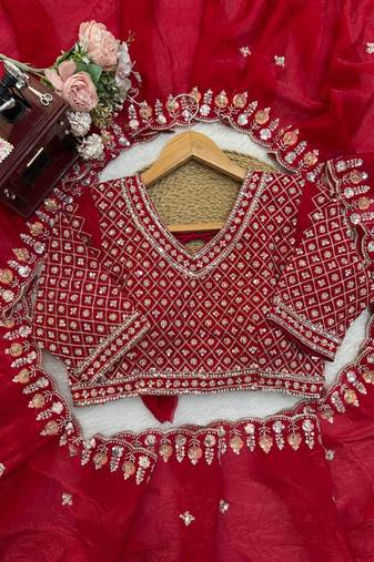 Red Designer Saree With Beds Embroidery Work In Trending Fendi Silk