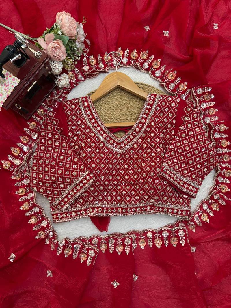 Red Designer Saree With Beds Embroidery Work In Trending Fendi Silk