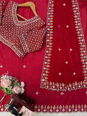 red velvet organza saree with embroidered unstitched 2