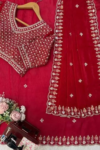 red velvet organza saree with embroidered unstitched