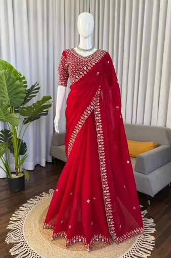 red velvet organza saree with embroidered unstitched