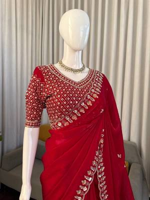 red velvet organza saree with embroidered unstitched 4