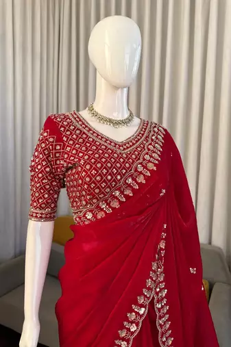 red velvet organza saree with embroidered unstitched