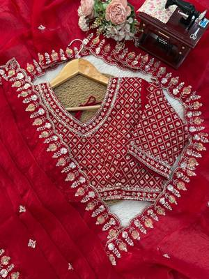 red velvet organza saree with embroidered unstitched 5