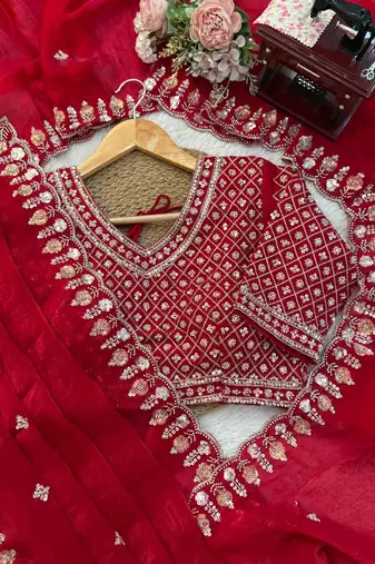 red velvet organza saree with embroidered unstitched