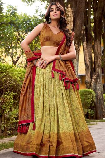 yellow digital printed silk festival lehenga set choli with dupatta