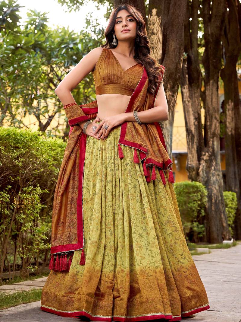 yellow digital printed silk festival lehenga set choli with dupatta