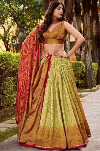 yellow digital printed silk festival lehenga set choli with dupatta