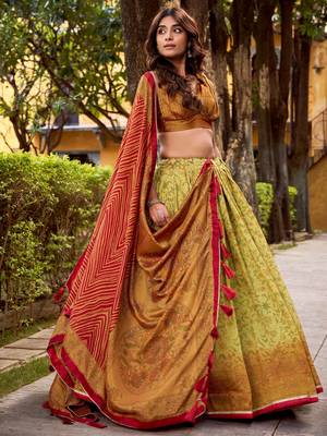 yellow digital printed silk festival lehenga set choli with dupatta 3