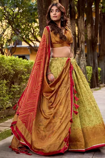 yellow digital printed silk festival lehenga set choli with dupatta