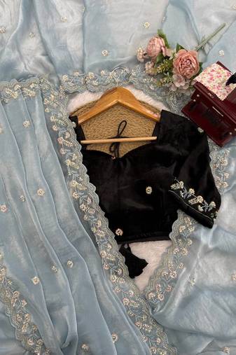 grey velvet bollywood saree with embroidered-unstitched