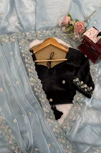 grey velvet bollywood saree with embroidered-unstitched