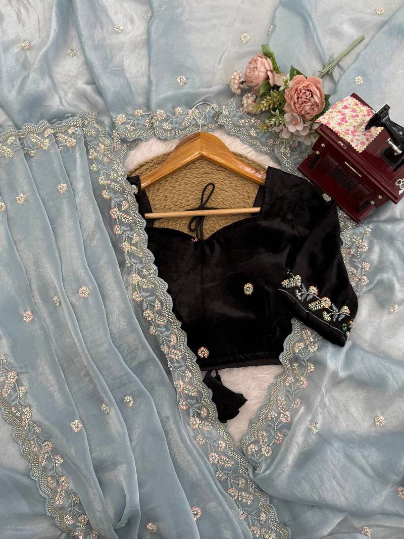 Grey Designer Saree With Beds Embroidery Work In Trending Fendi Silk