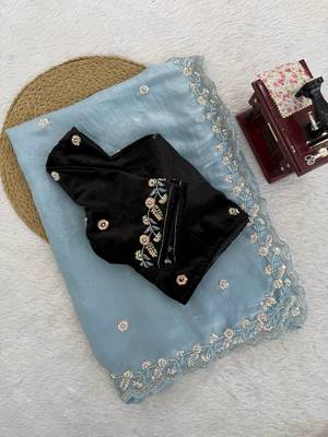 grey velvet bollywood saree with embroidered unstitched 2