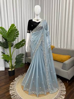 grey velvet bollywood saree with embroidered unstitched 4