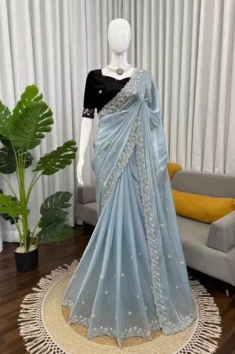 grey velvet bollywood saree with embroidered unstitched