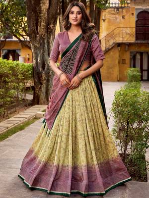 yellow digital printed silk lehenga set choli with dupatta 1