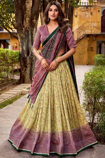 yellow digital printed silk lehenga set choli with dupatta