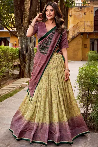 yellow digital printed silk lehenga set choli with dupatta