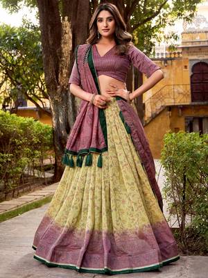 yellow digital printed silk lehenga set choli with dupatta 3