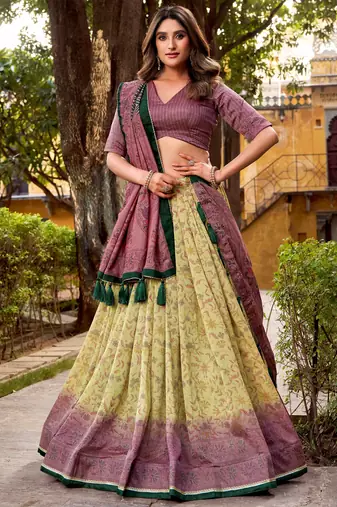 yellow digital printed silk lehenga set choli with dupatta