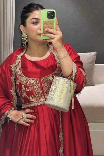 Red embroidered chinon silk gown set with koti, full stitched, flared style, dupatta included