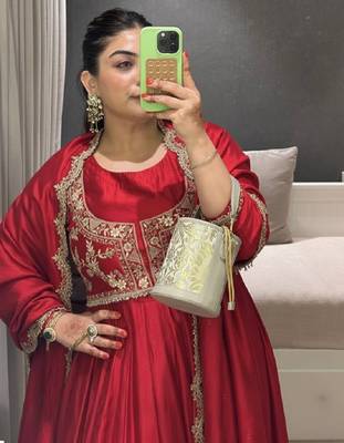 Red embroidered chinon silk gown set with koti, full stitched, flared style, dupatta included 1