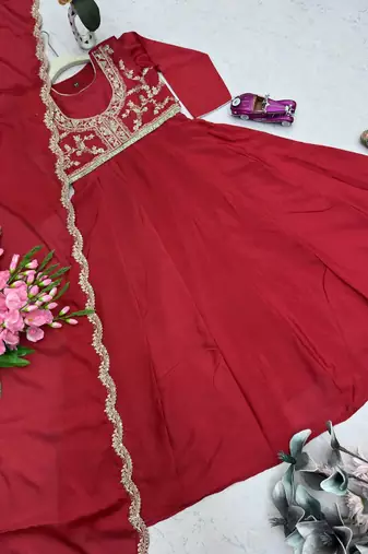 Red embroidered chinon silk gown set with koti, full stitched, flared style, dupatta included