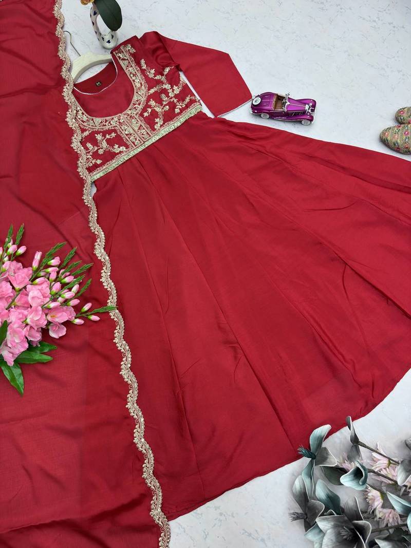 Red embroidered chinon silk gown set with koti, full stitched, flared style, dupatta included