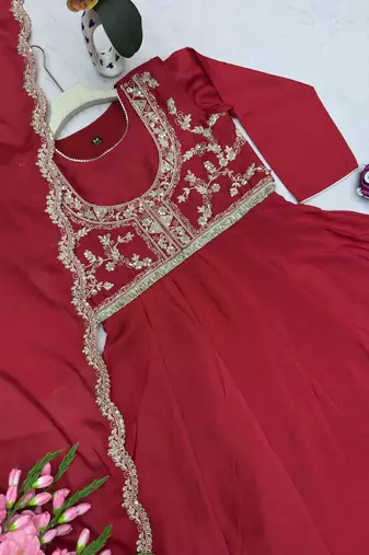 Red embroidered chinon silk gown set with koti, full stitched, flared style, dupatta included