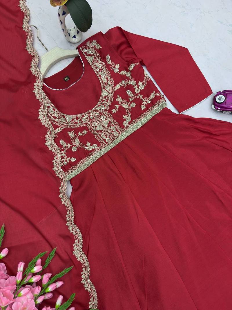 Red embroidered chinon silk gown set with koti, full stitched, flared style, dupatta included
