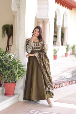Mehandi Sequins & Zari Embroidered Gown & Dupatta 1
