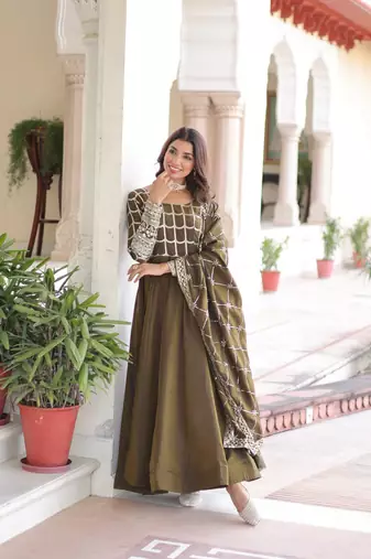 Mehandi Sequins & Zari Embroidered Gown & Dupatta