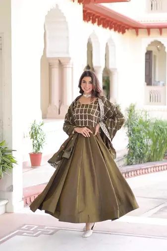 Mehandi Sequins & Zari Embroidered Gown & Dupatta