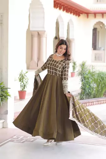 Mehandi Sequins & Zari Embroidered Gown & Dupatta